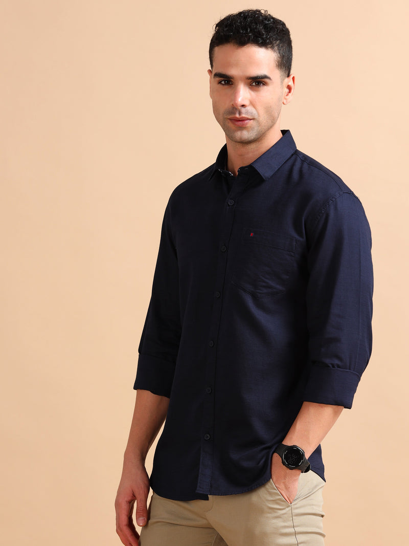 Men Navy Slim Fit Solid Full Sleeve Casual Shirt