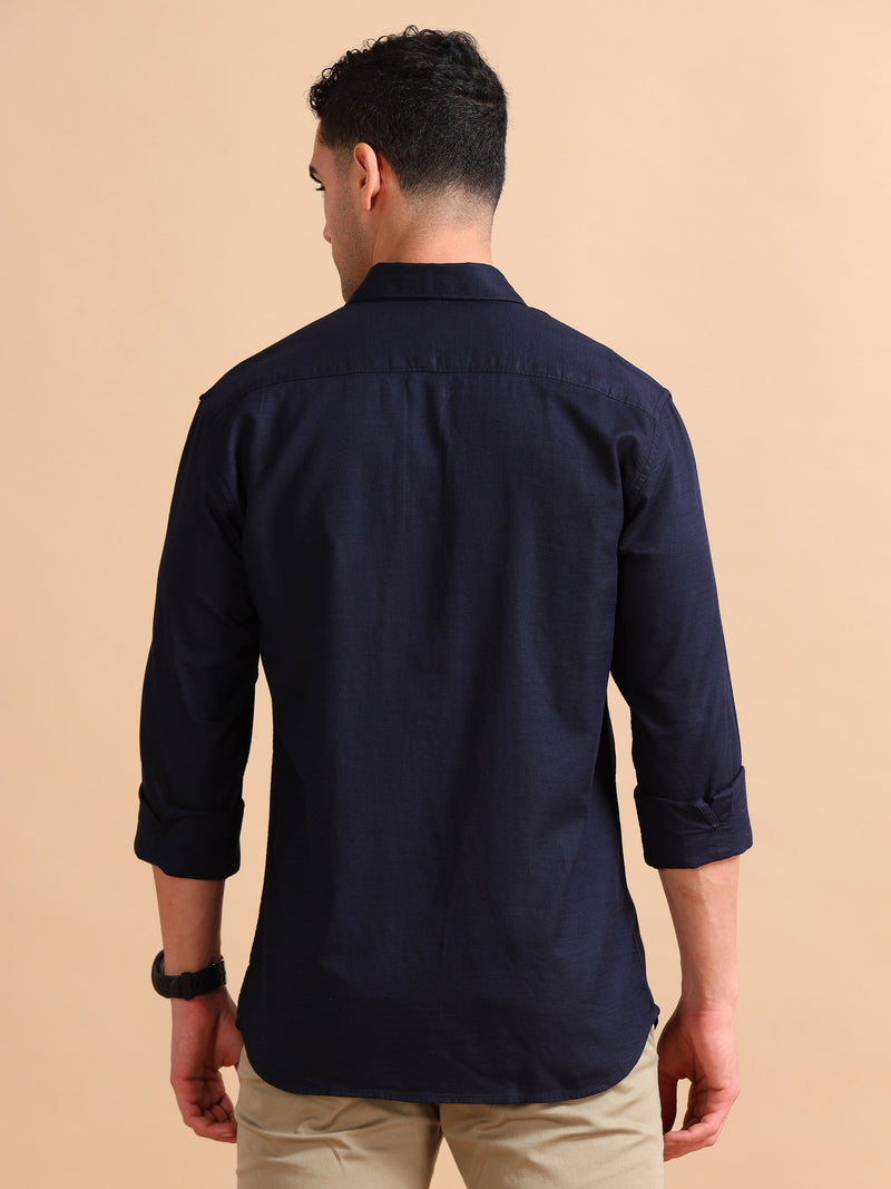 Men Navy Slim Fit Solid Full Sleeve Casual Shirt