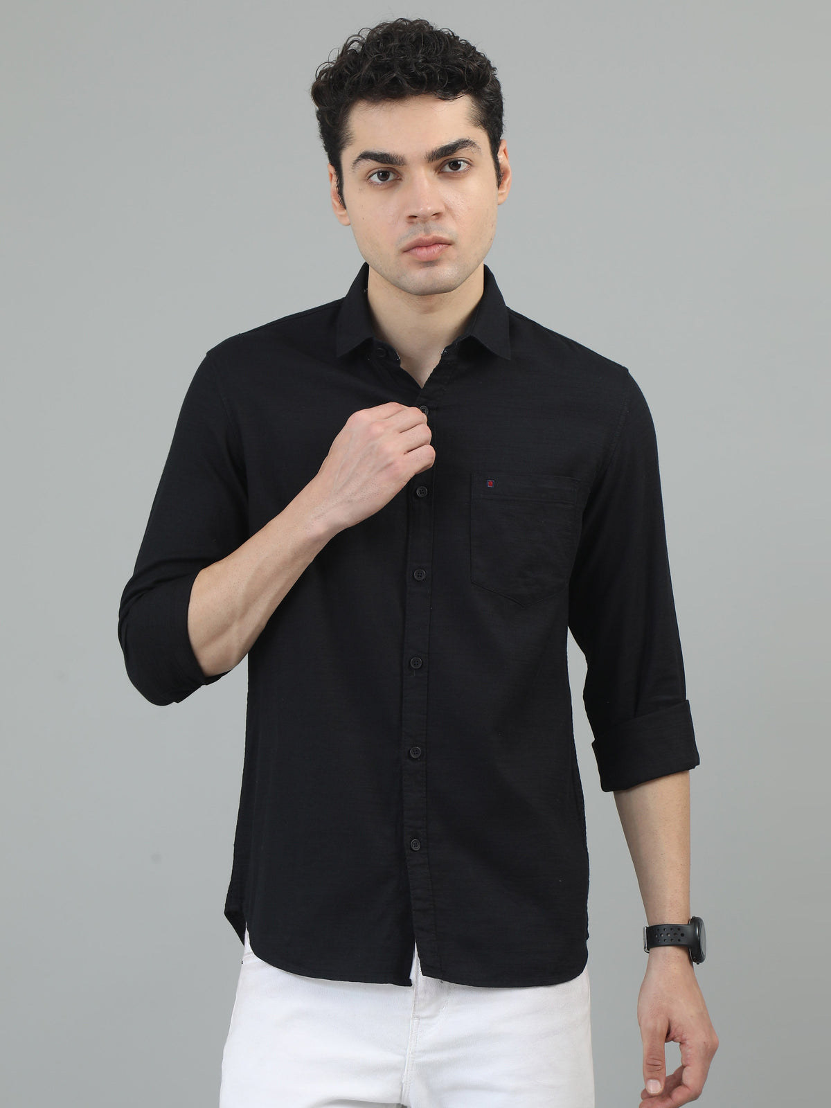 Men Black Slim Fit Solid Full Sleeve Casual Shirt