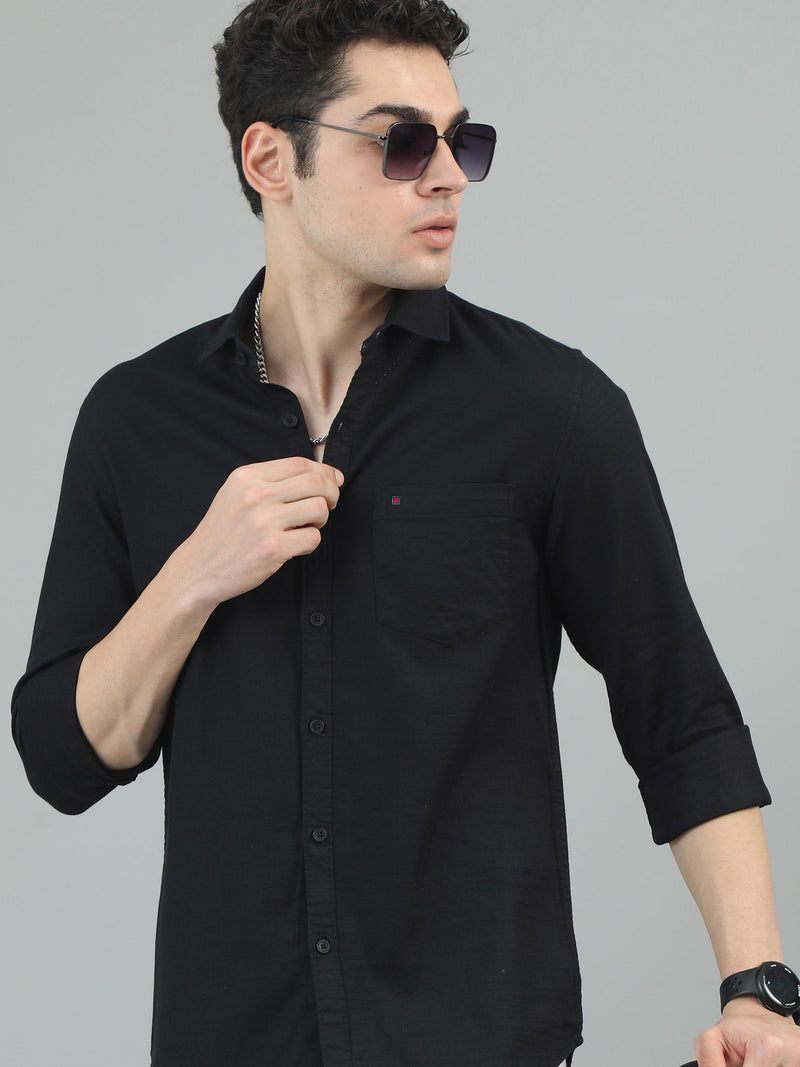 Men Black Slim Fit Solid Full Sleeve Casual Shirt