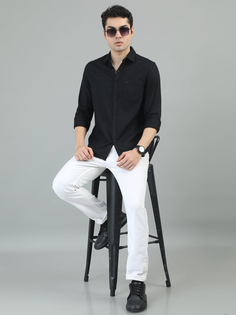 Men Black Slim Fit Solid Full Sleeve Casual Shirt