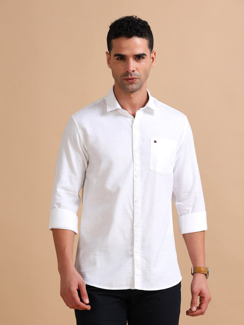 Men White Slim Fit Solid Full Sleeve Casual Shirt