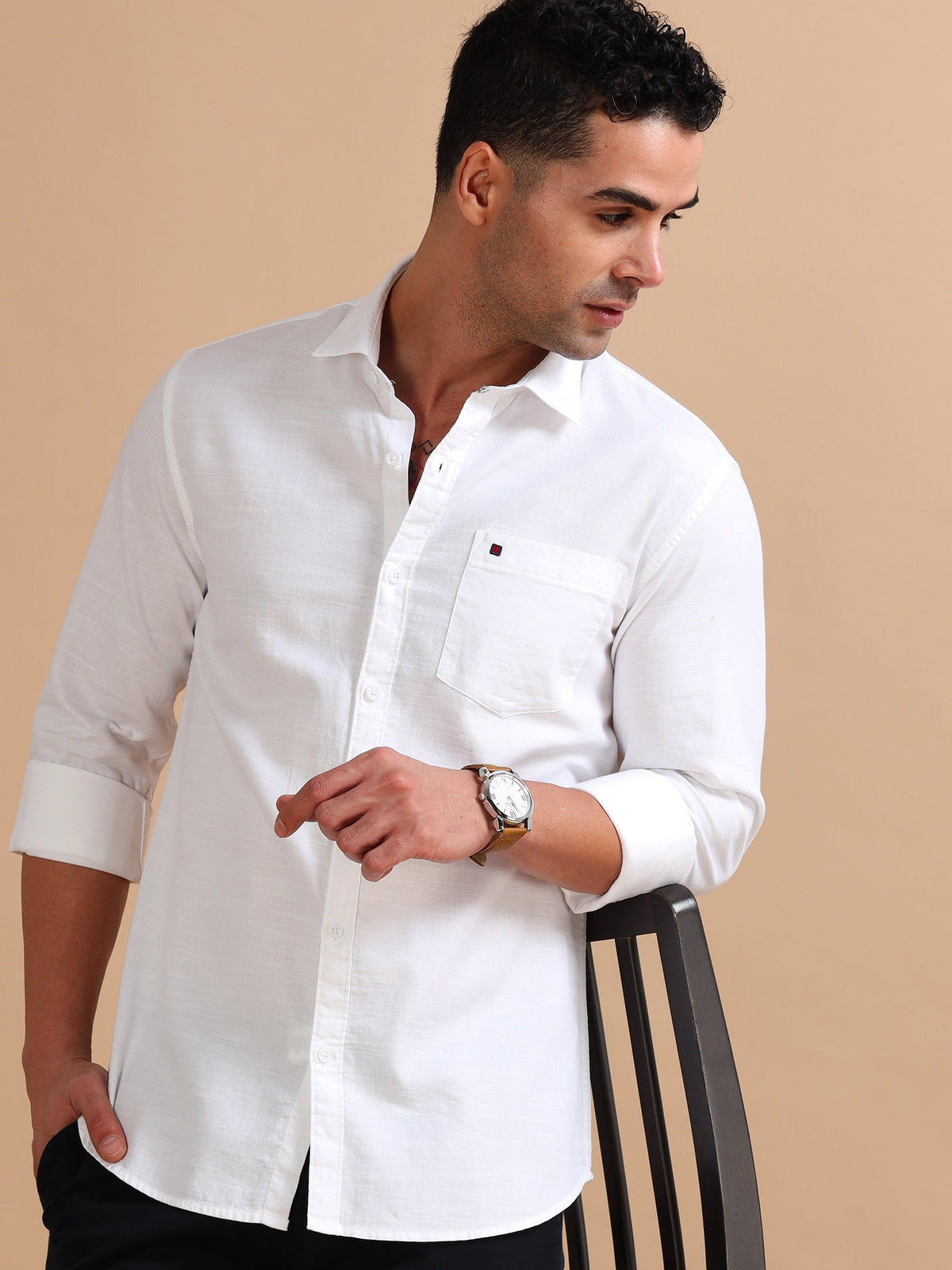 Men White Slim Fit Solid Full Sleeve Casual Shirt