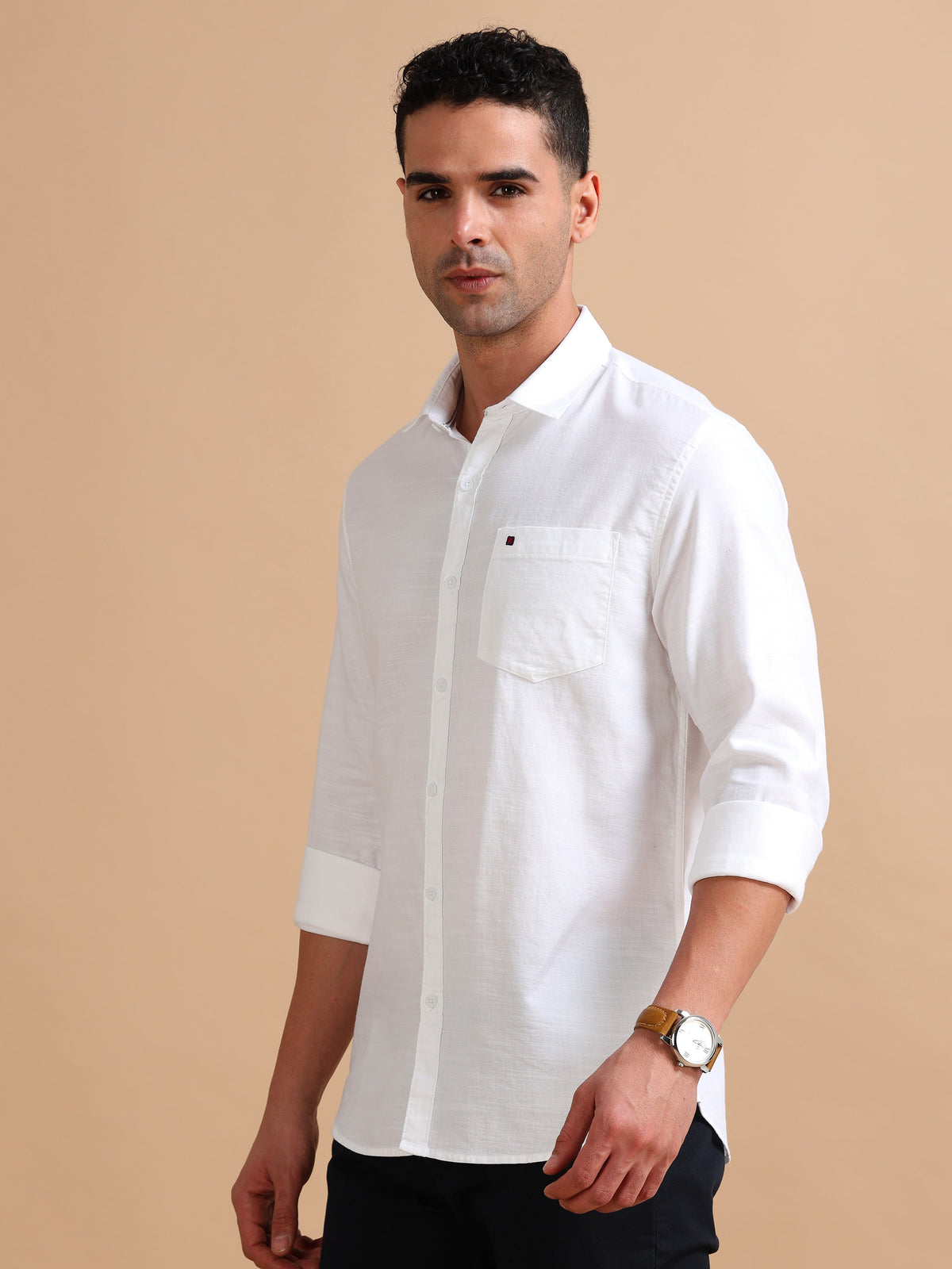 Men White Slim Fit Solid Full Sleeve Casual Shirt