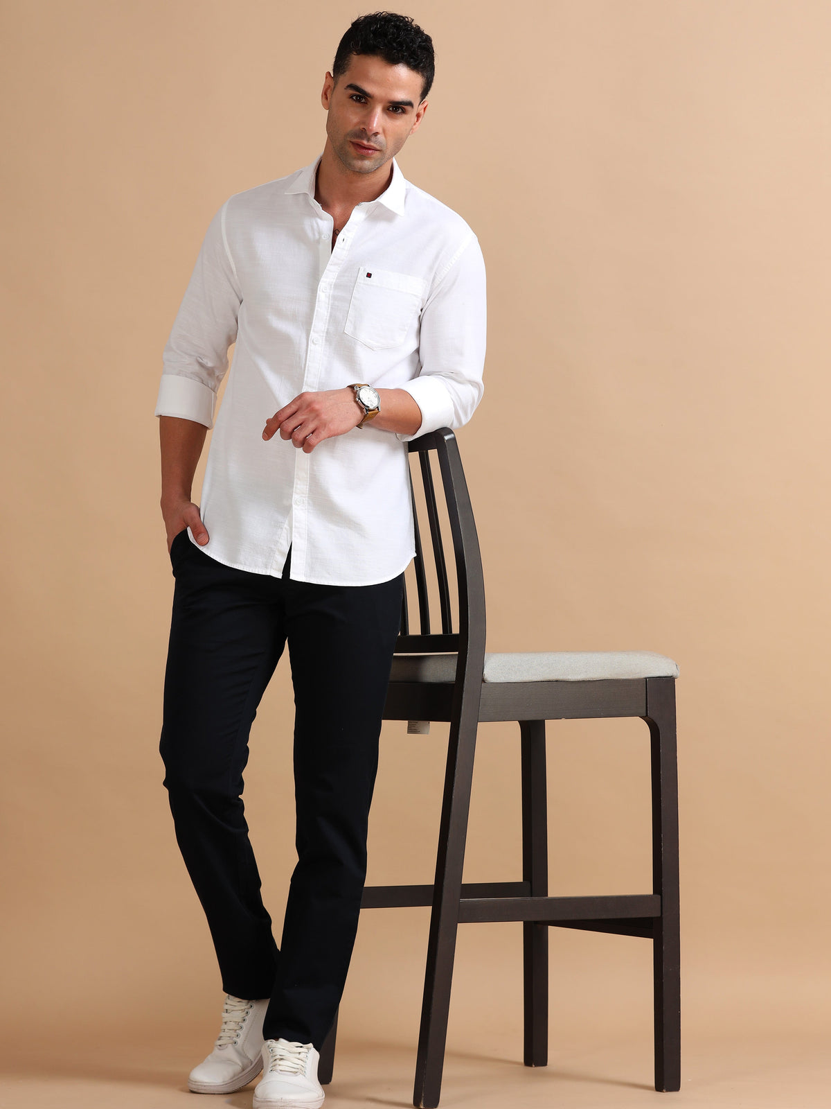 Men White Slim Fit Solid Full Sleeve Casual Shirt