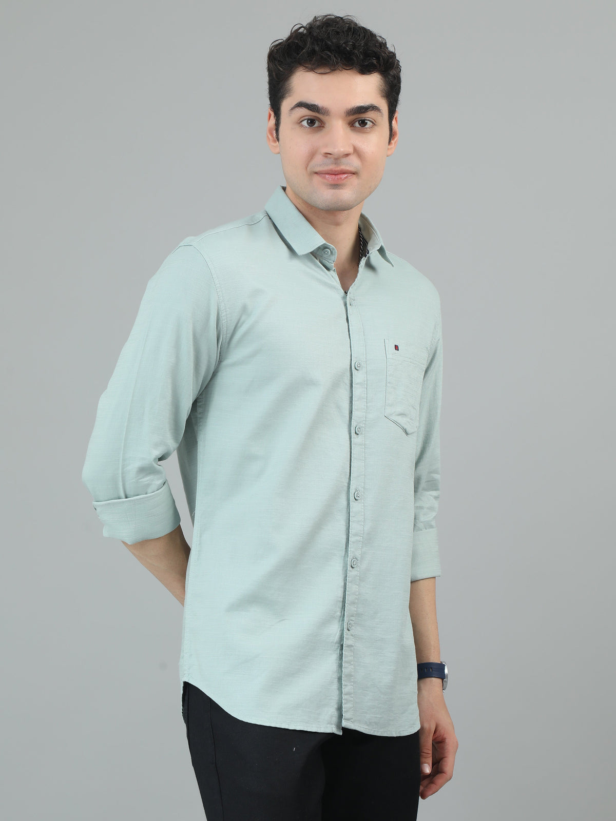 Men Light Green Slim Fit Solid Full Sleeve Casual Shirt