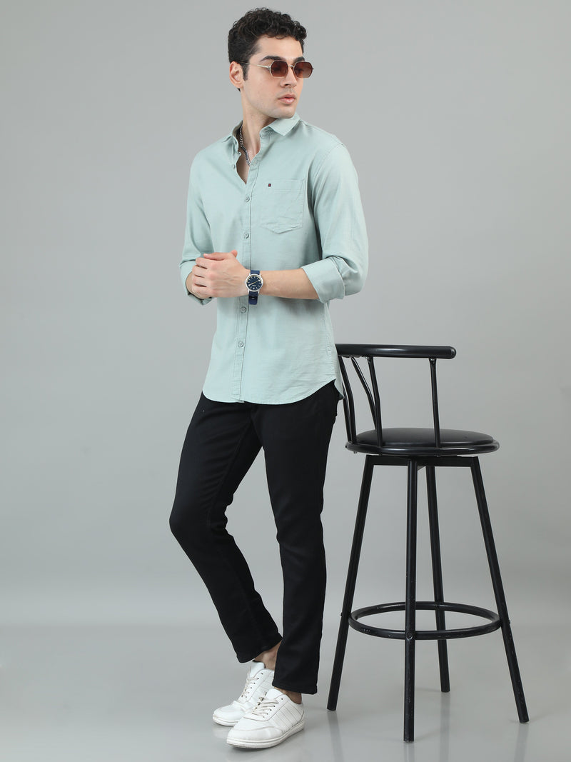 Men Light Green Slim Fit Solid Full Sleeve Casual Shirt