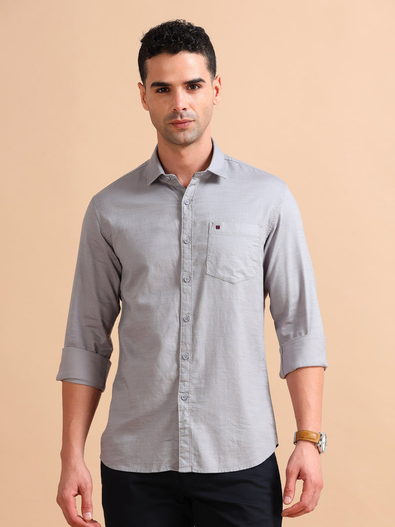 Men Grey Slim Fit Solid Full Sleeve Casual Shirt