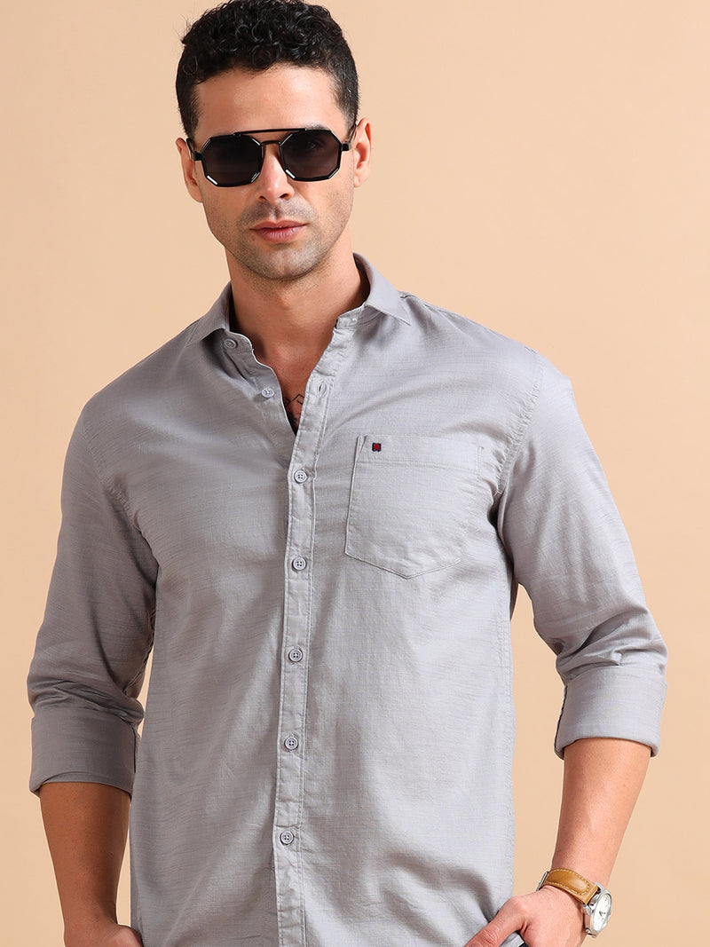 Men Grey Slim Fit Solid Full Sleeve Casual Shirt