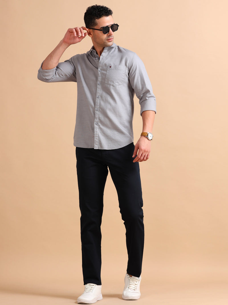 Men Grey Slim Fit Solid Full Sleeve Casual Shirt