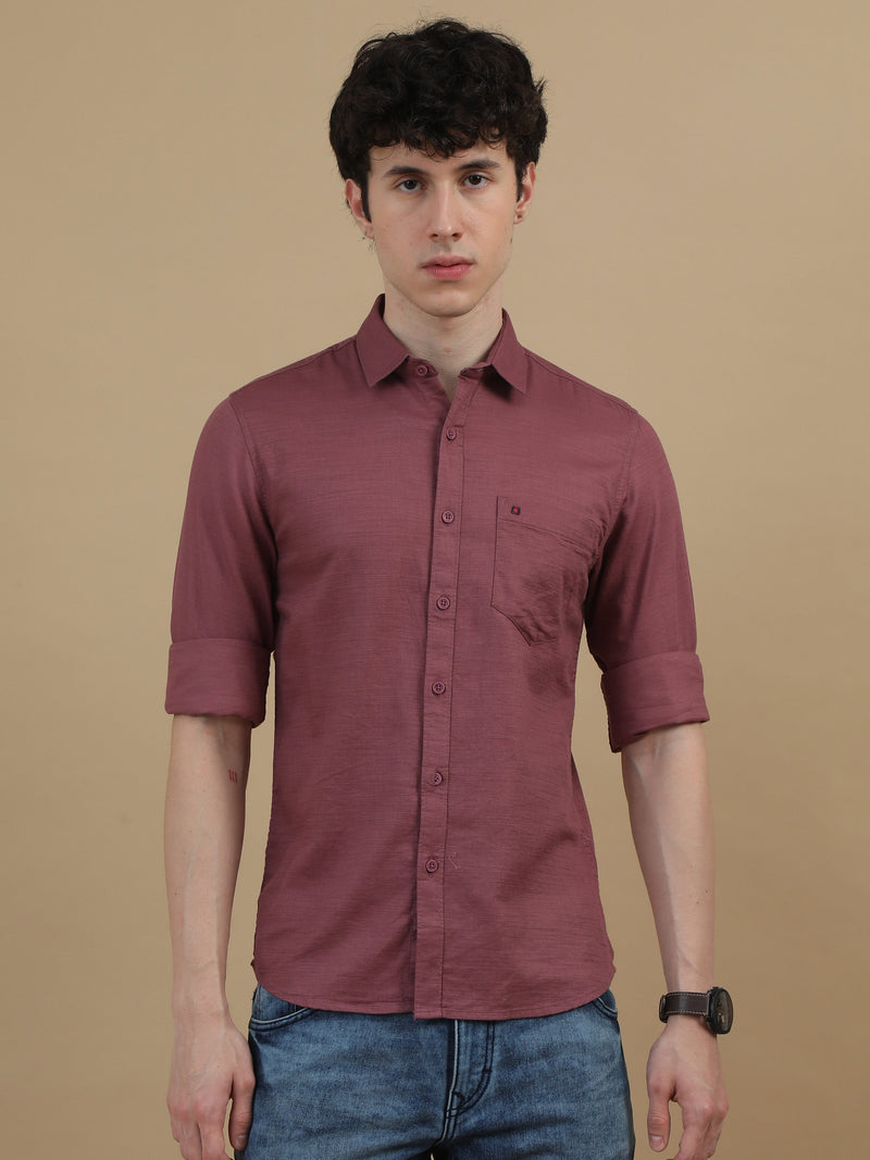 Men Wine Slim Fit Solid Full Sleeve Casual Shirt