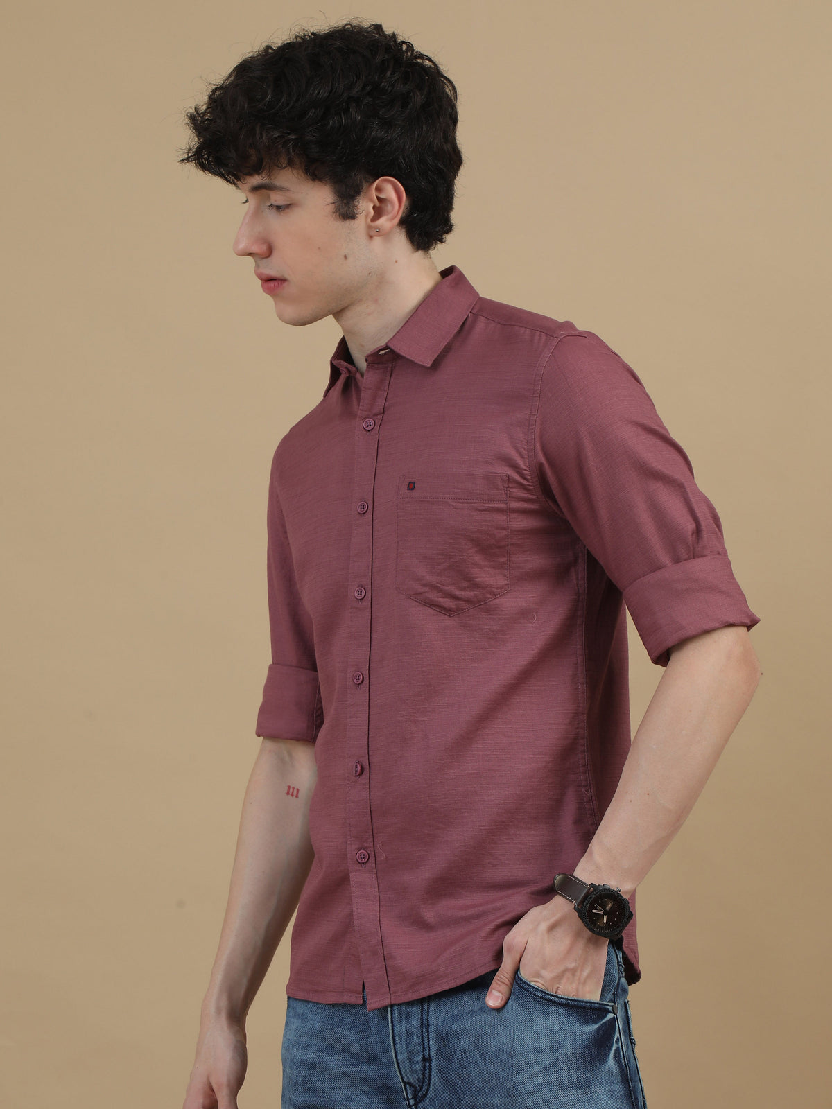 Men Wine Slim Fit Solid Full Sleeve Casual Shirt