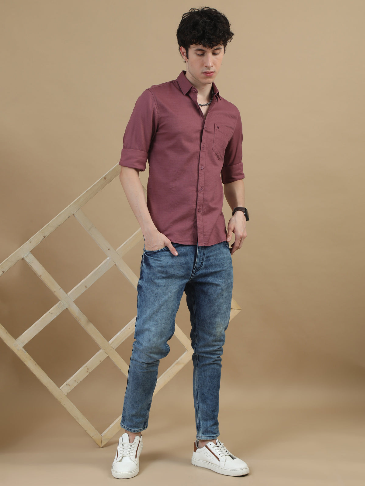 Men Wine Slim Fit Solid Full Sleeve Casual Shirt