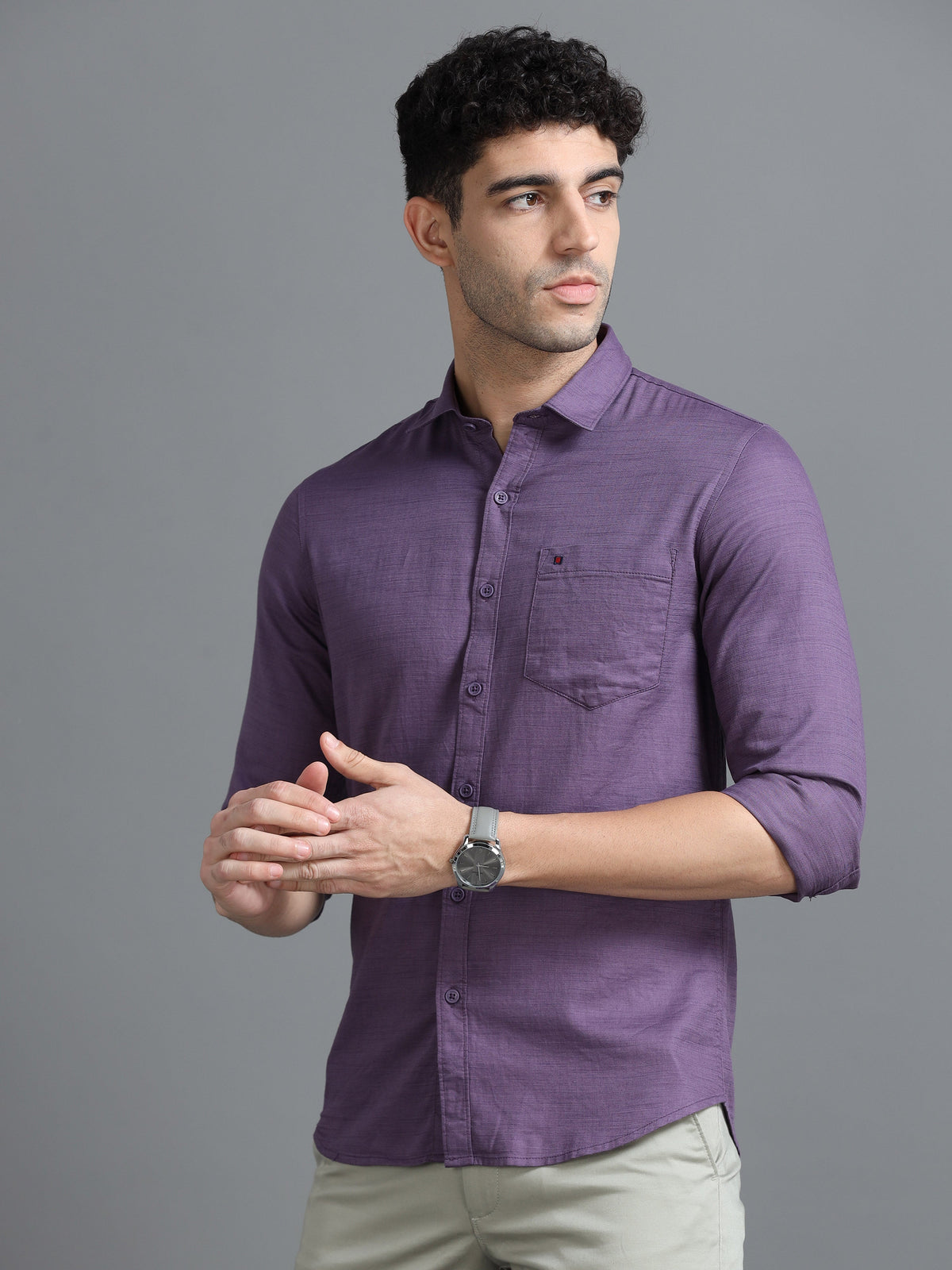 Men Purple Slim Fit Solid Full Sleeve Casual Shirt