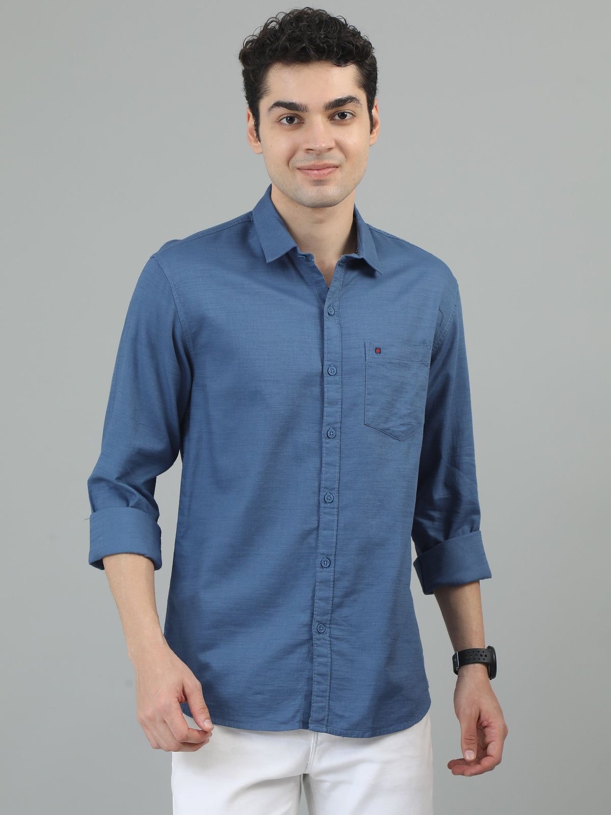 Men Blue Slim Fit Solid Full Sleeve Casual Shirt