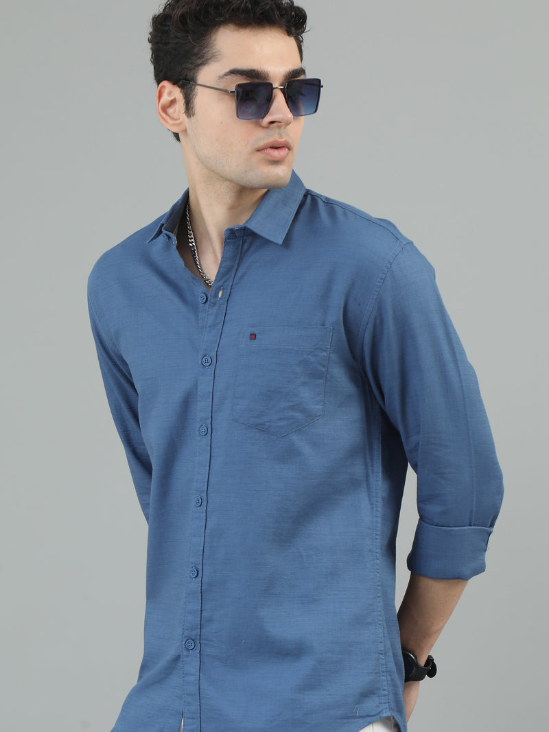 Men Blue Slim Fit Solid Full Sleeve Casual Shirt