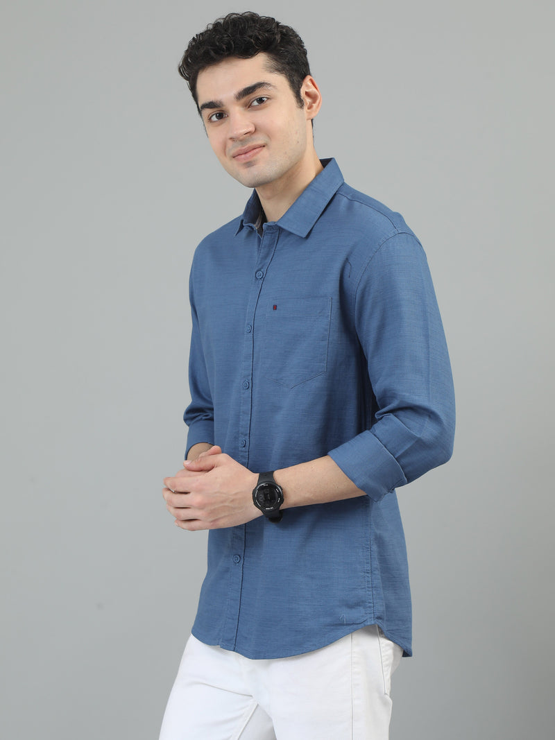 Men Blue Slim Fit Solid Full Sleeve Casual Shirt