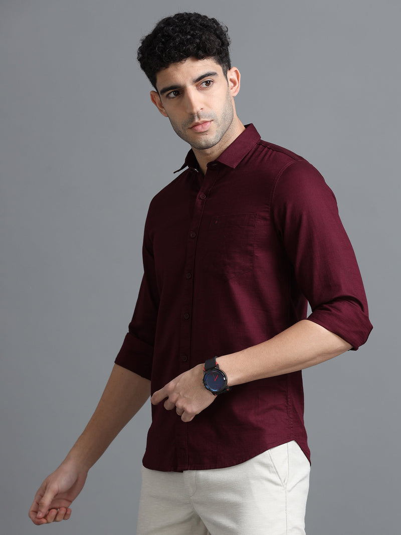 Men Maroon Slim Fit Solid Full Sleeve Casual Shirt