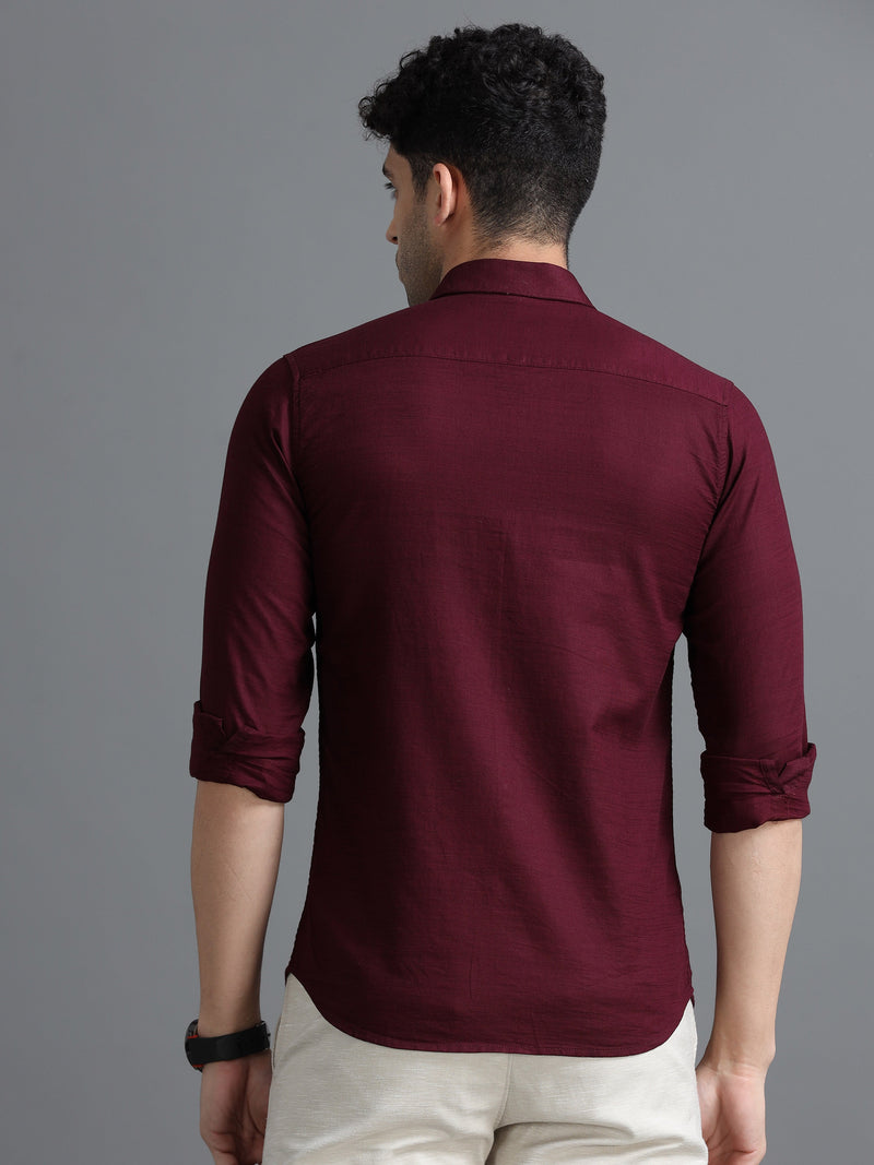 Men Maroon Slim Fit Solid Full Sleeve Casual Shirt