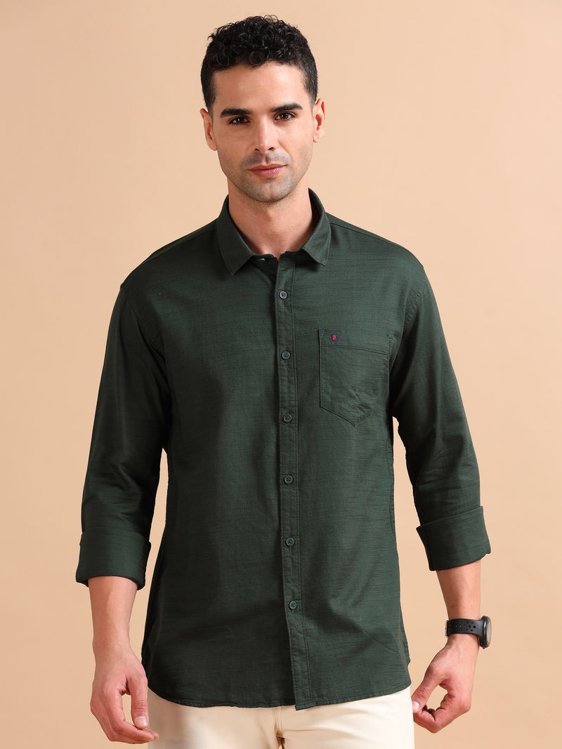 Men Dark Green Slim Fit Solid Full Sleeve Casual Shirt