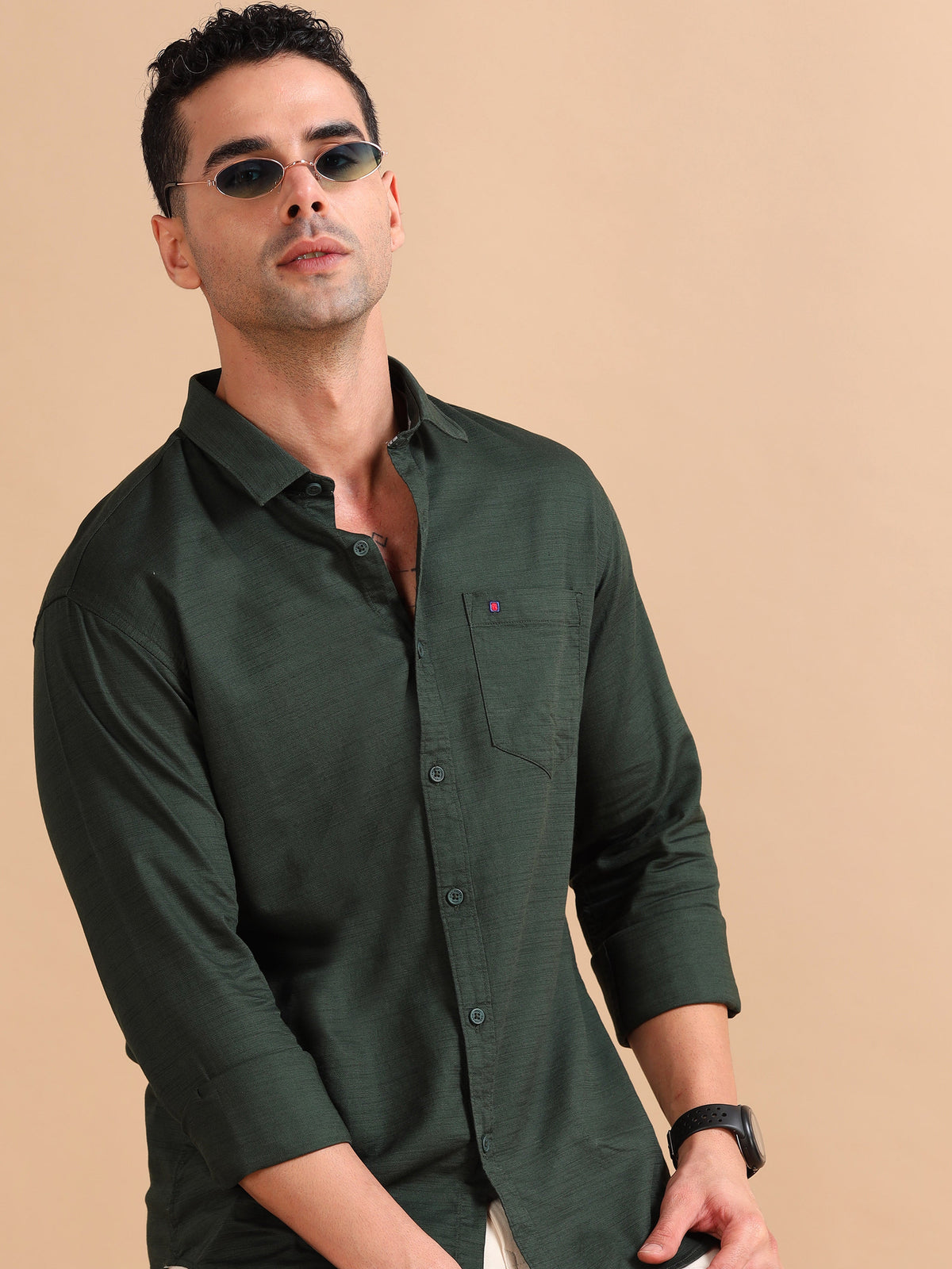 Men Dark Green Slim Fit Solid Full Sleeve Casual Shirt