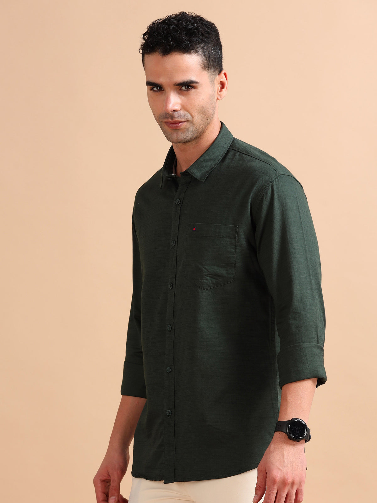 Men Dark Green Slim Fit Solid Full Sleeve Casual Shirt