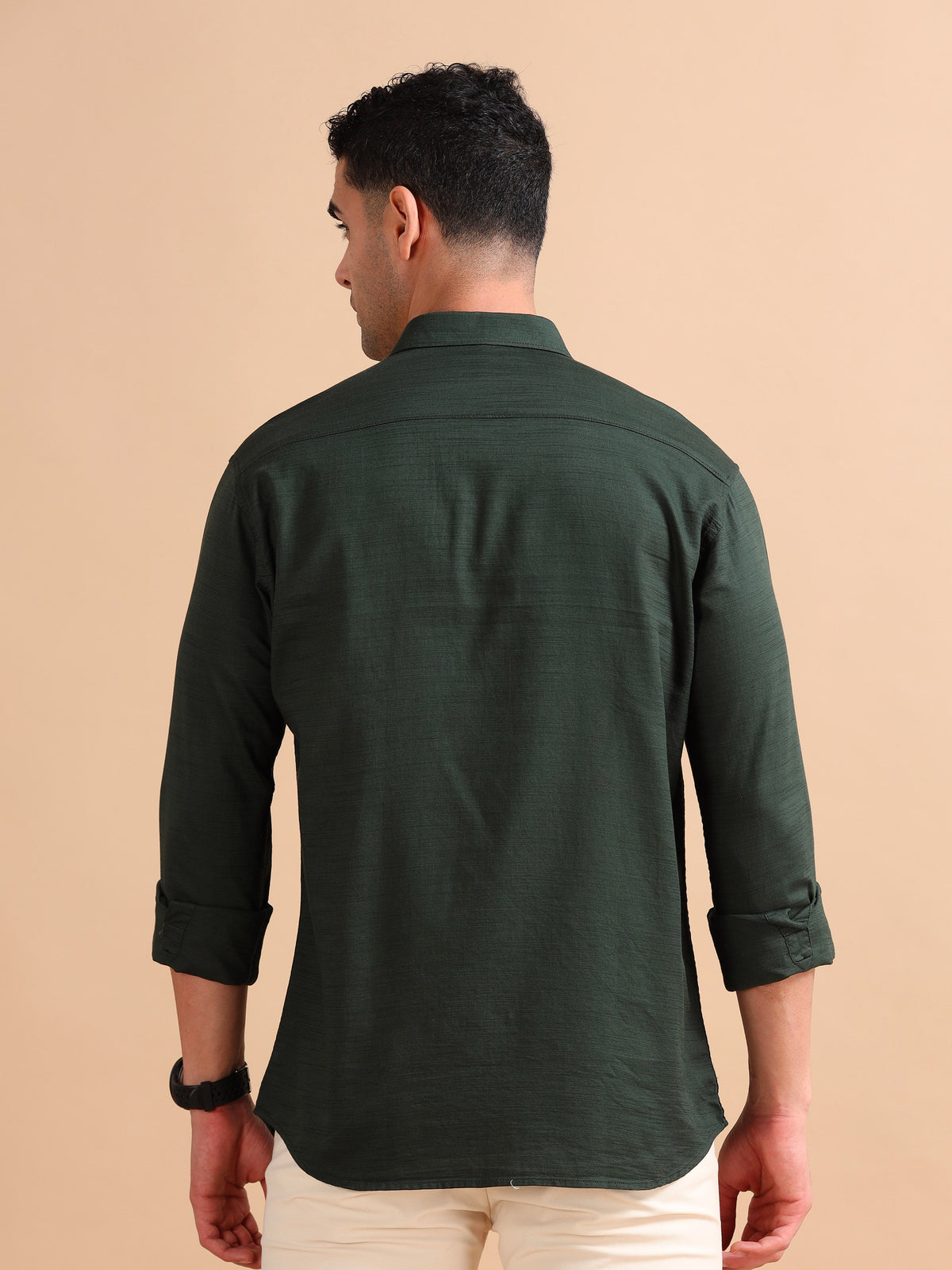 Men Dark Green Slim Fit Solid Full Sleeve Casual Shirt