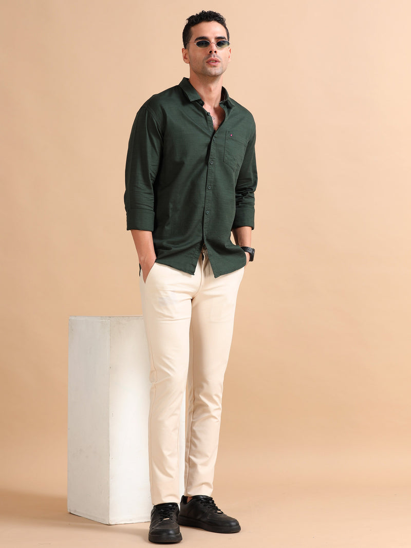 Men Dark Green Slim Fit Solid Full Sleeve Casual Shirt