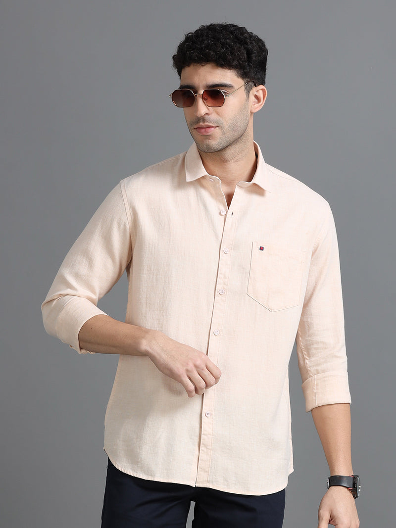 Men Peach Slim Fit Solid Full Sleeve Casual Shirt