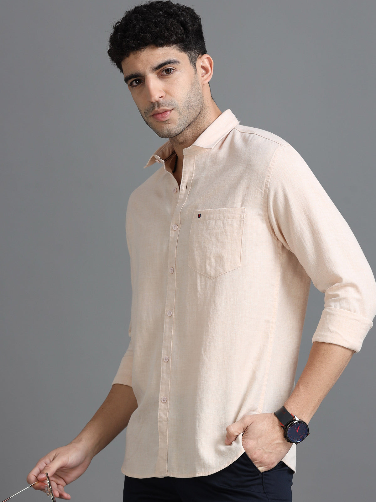 Men Peach Slim Fit Solid Full Sleeve Casual Shirt