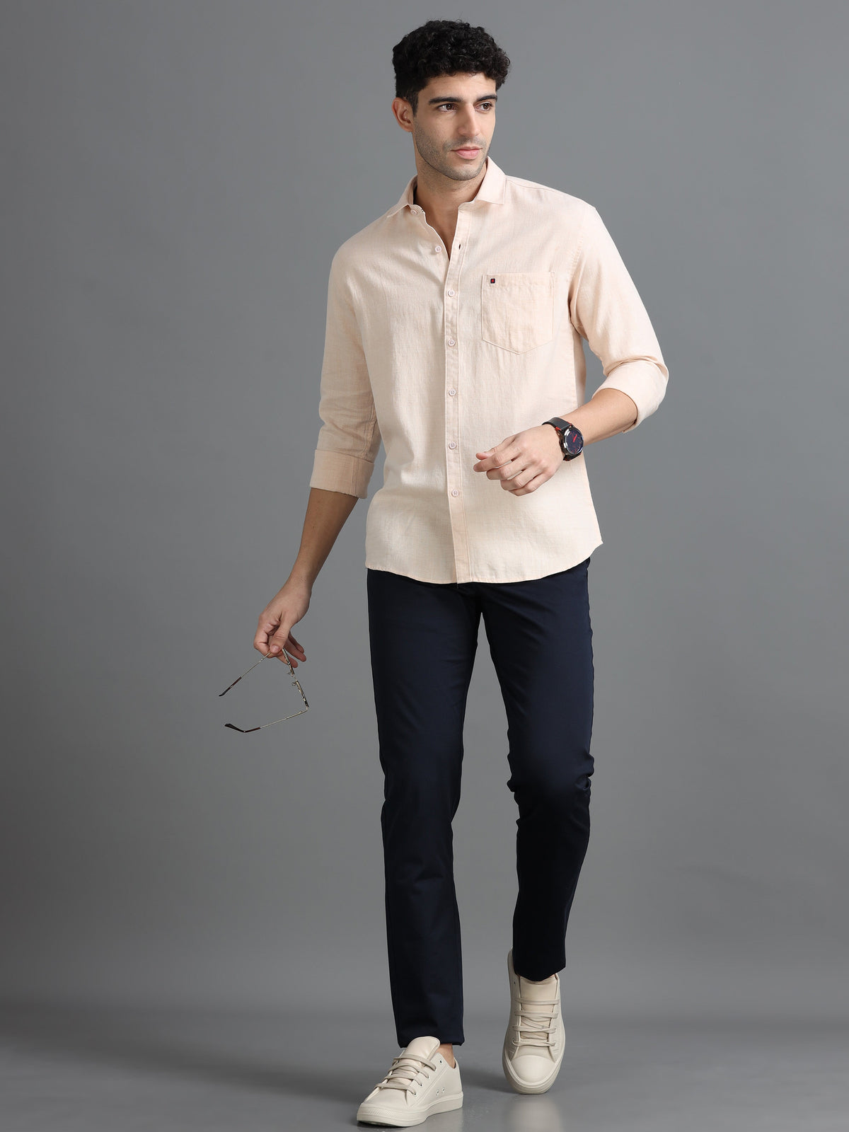 Men Peach Slim Fit Solid Full Sleeve Casual Shirt