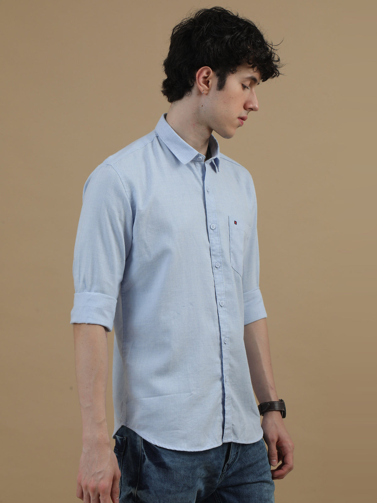 Men Sky Blue Slim Fit Solid Full Sleeve Casual Shirt