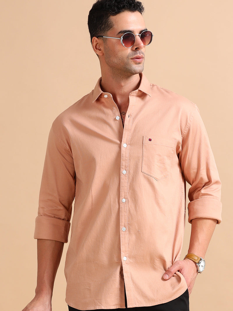 Men Dark Beige Slim Fit Solid Full Sleeve Casual Shirt