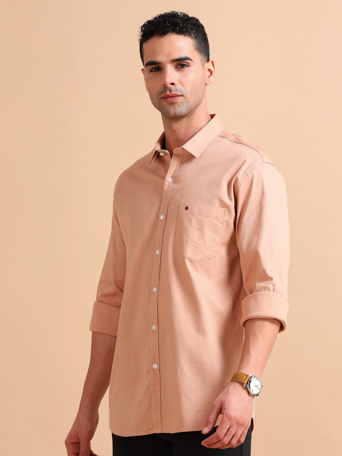 Men Dark Beige Slim Fit Solid Full Sleeve Casual Shirt