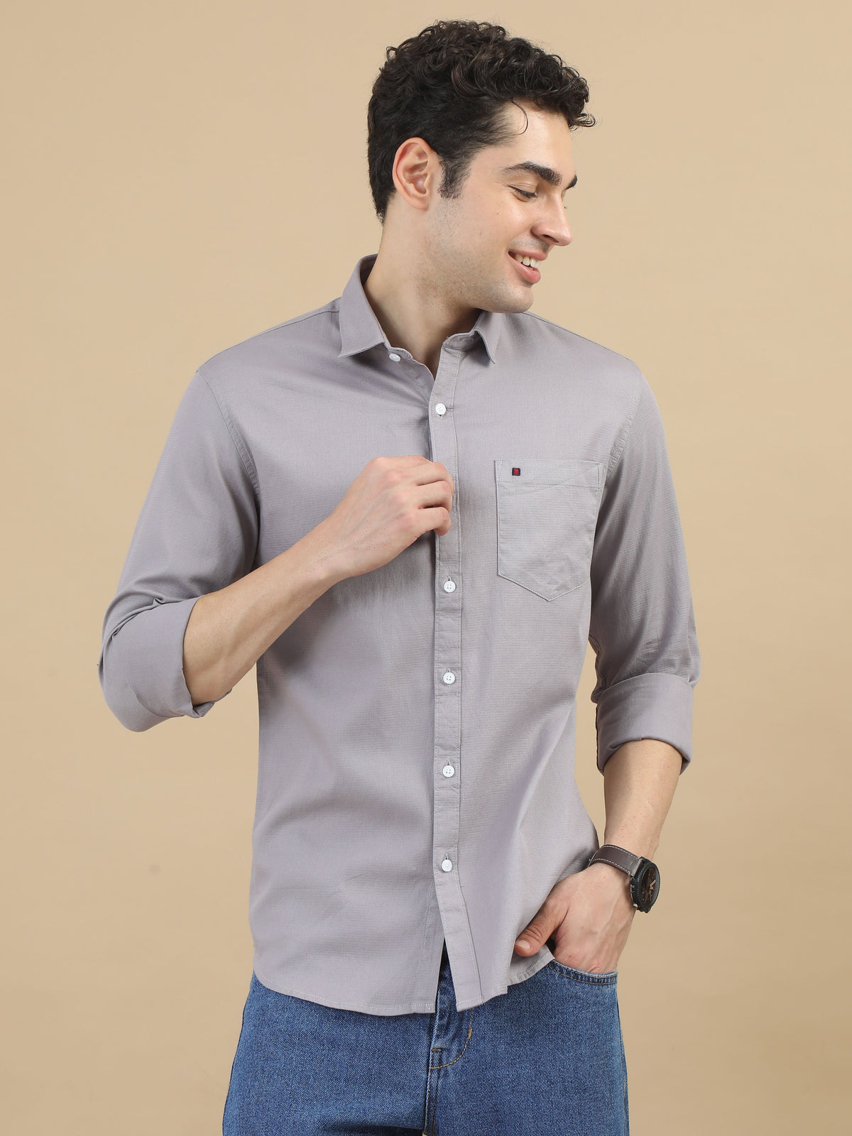 Men Grey Slim Fit Solid Full Sleeve Casual Shirt