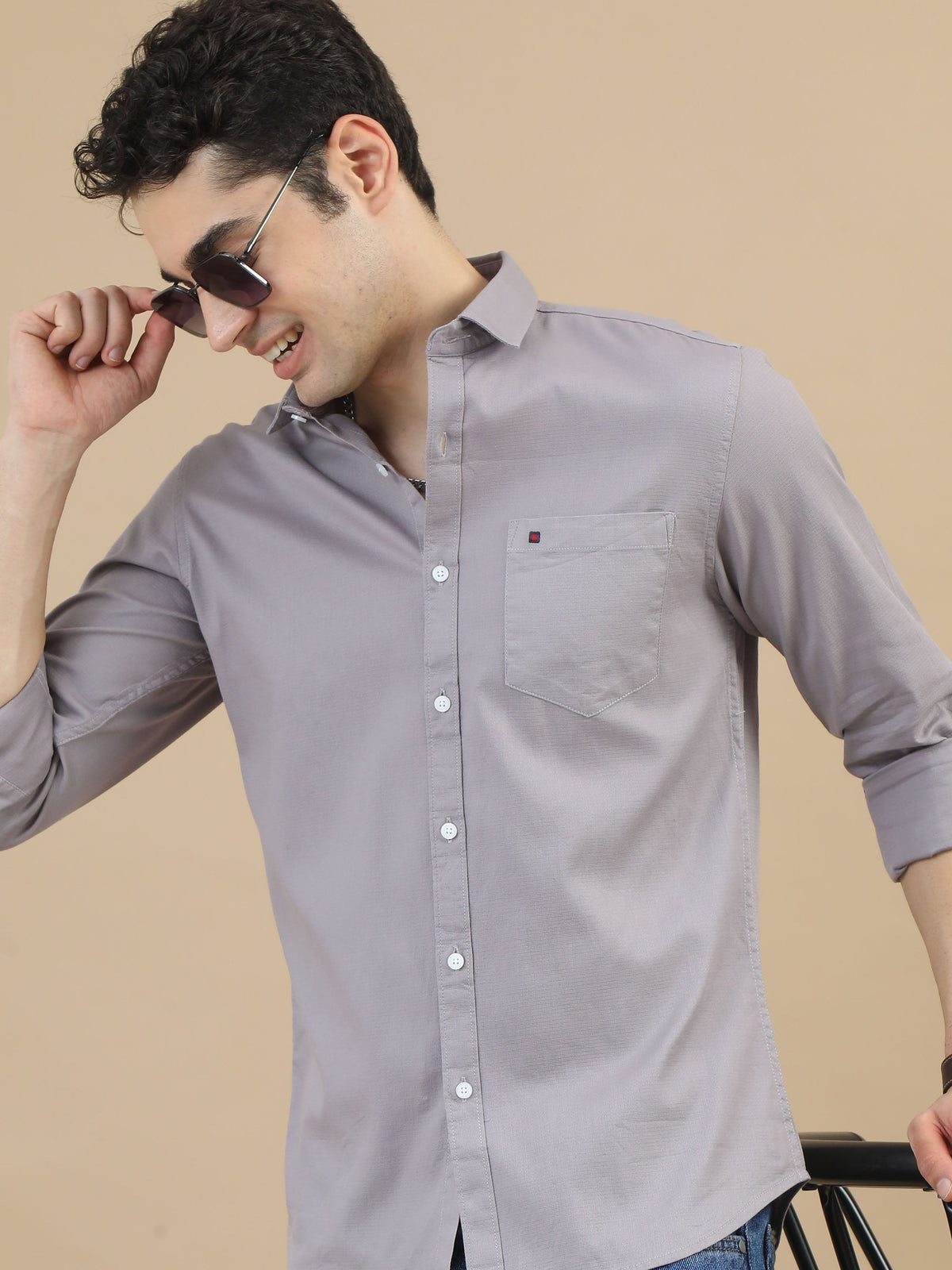 Men Grey Slim Fit Solid Full Sleeve Casual Shirt