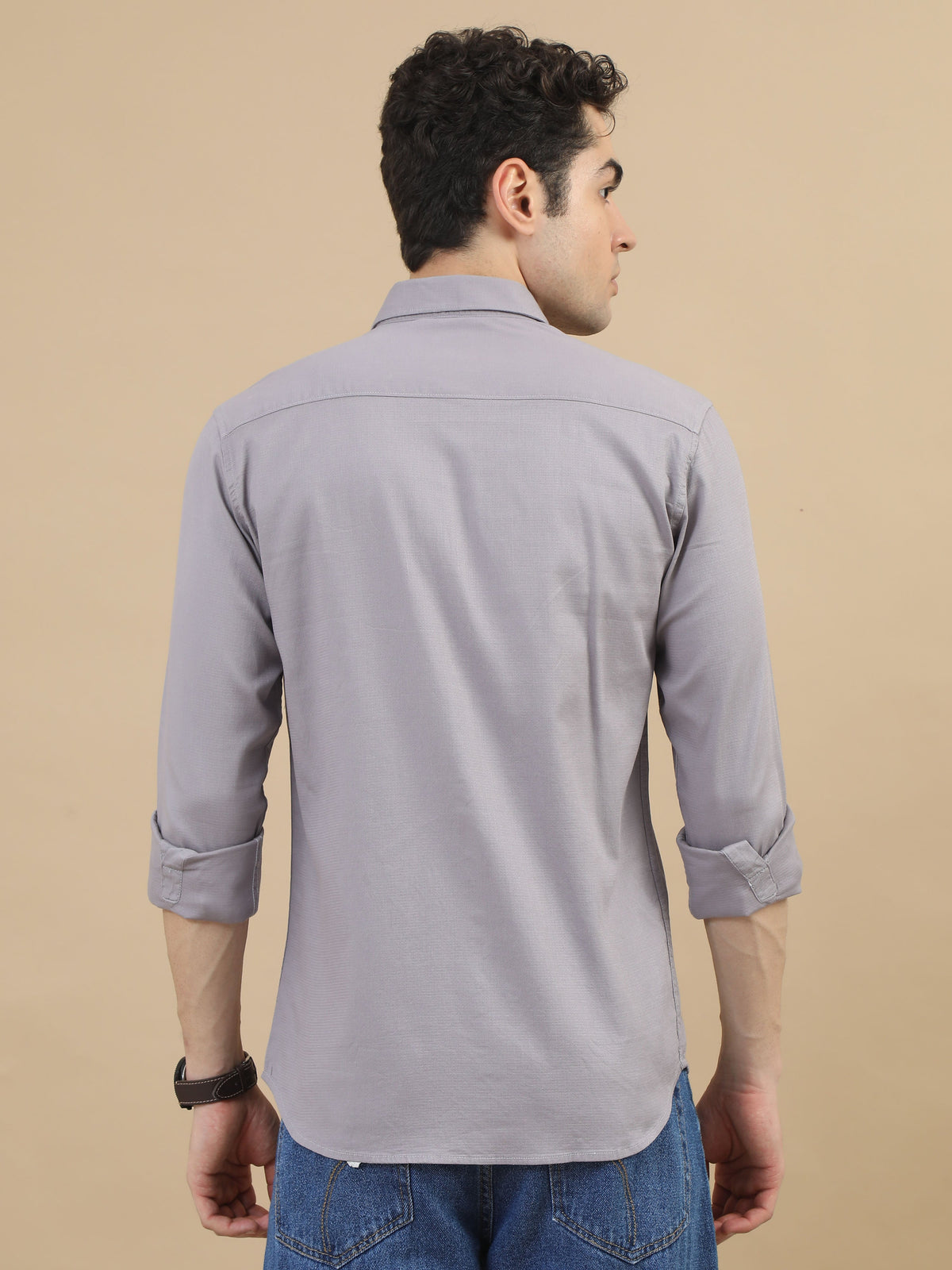 Men Grey Slim Fit Solid Full Sleeve Casual Shirt