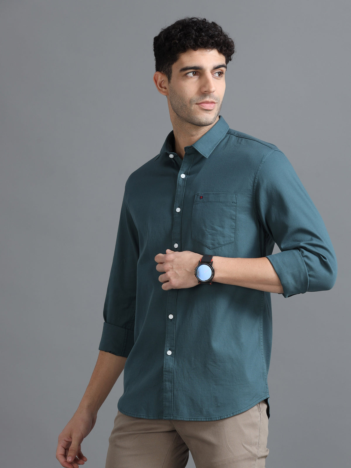 Men Dark Green Slim Fit Solid Full Sleeve Casual Shirt