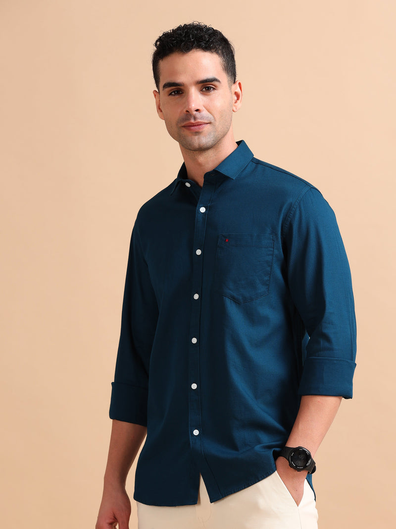 Men Blue Slim Fit Solid Full Sleeve Casual Shirt