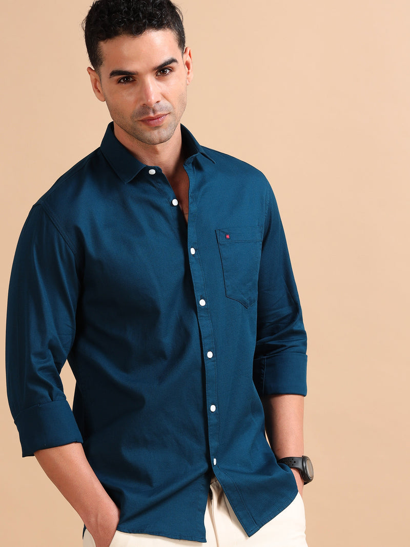 Men Blue Slim Fit Solid Full Sleeve Casual Shirt