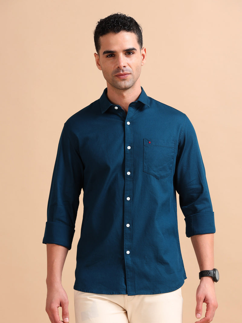 Men Blue Slim Fit Solid Full Sleeve Casual Shirt