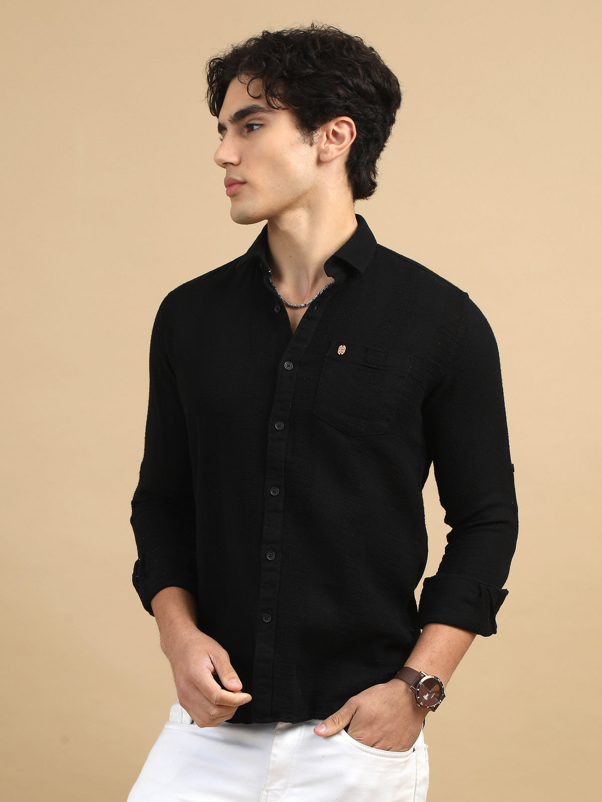 Men Black Slim Fit Textured Full Sleeve Casual Shirt