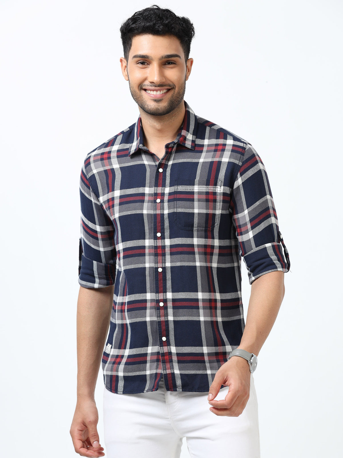 Men Blue Slim Fit Checks Full Sleeve Casual Shirt