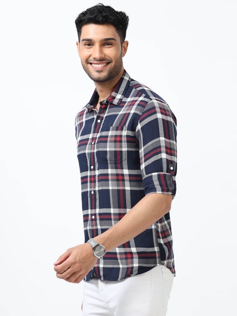 Men Blue Slim Fit Checks Full Sleeve Casual Shirt