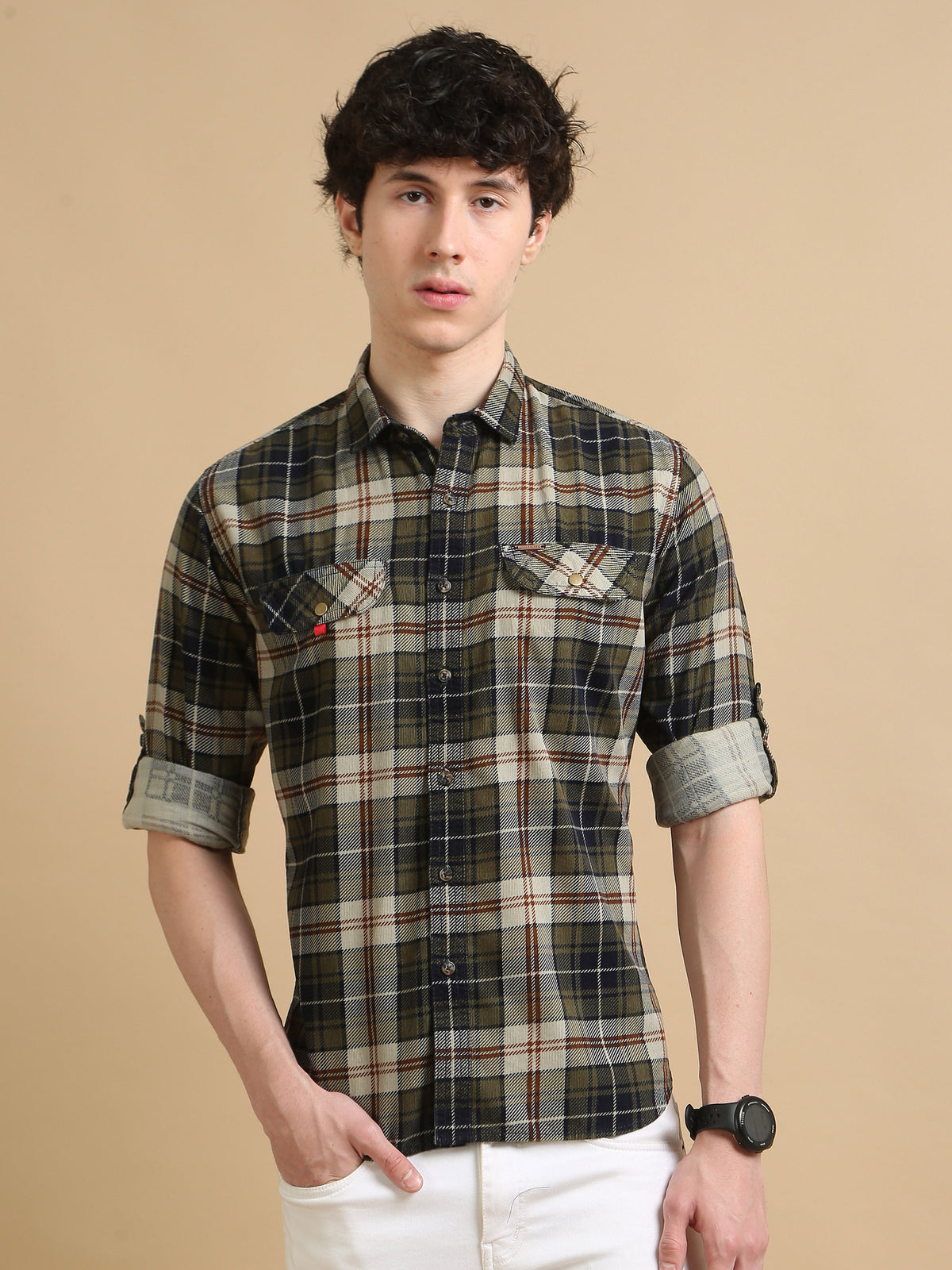 Men Green Slim Fit Checks Full Sleeve Casual Shirt