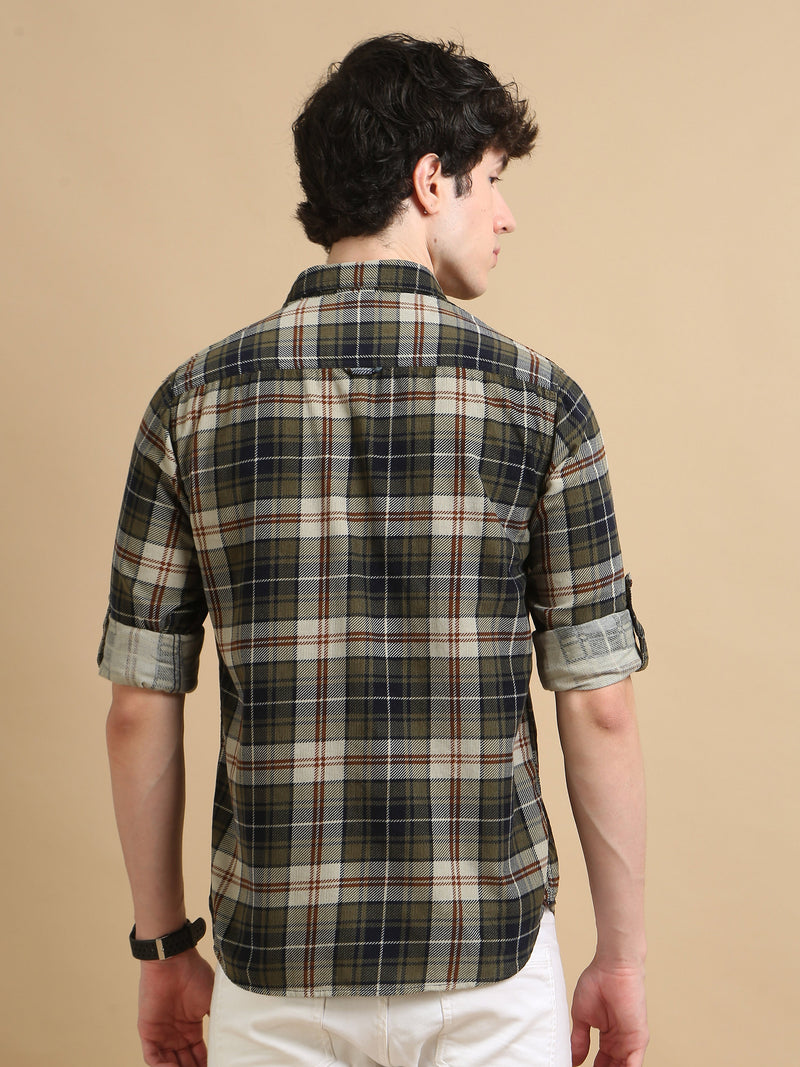 Men Green Slim Fit Checks Full Sleeve Casual Shirt