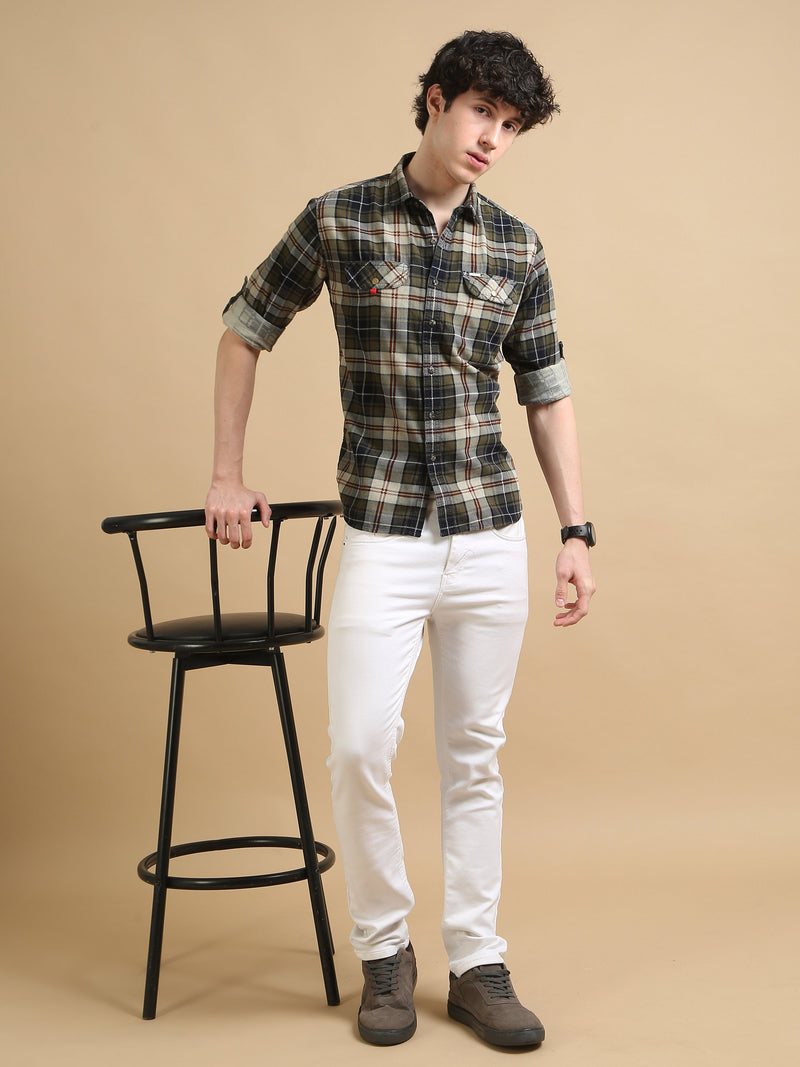 Men Green Slim Fit Checks Full Sleeve Casual Shirt