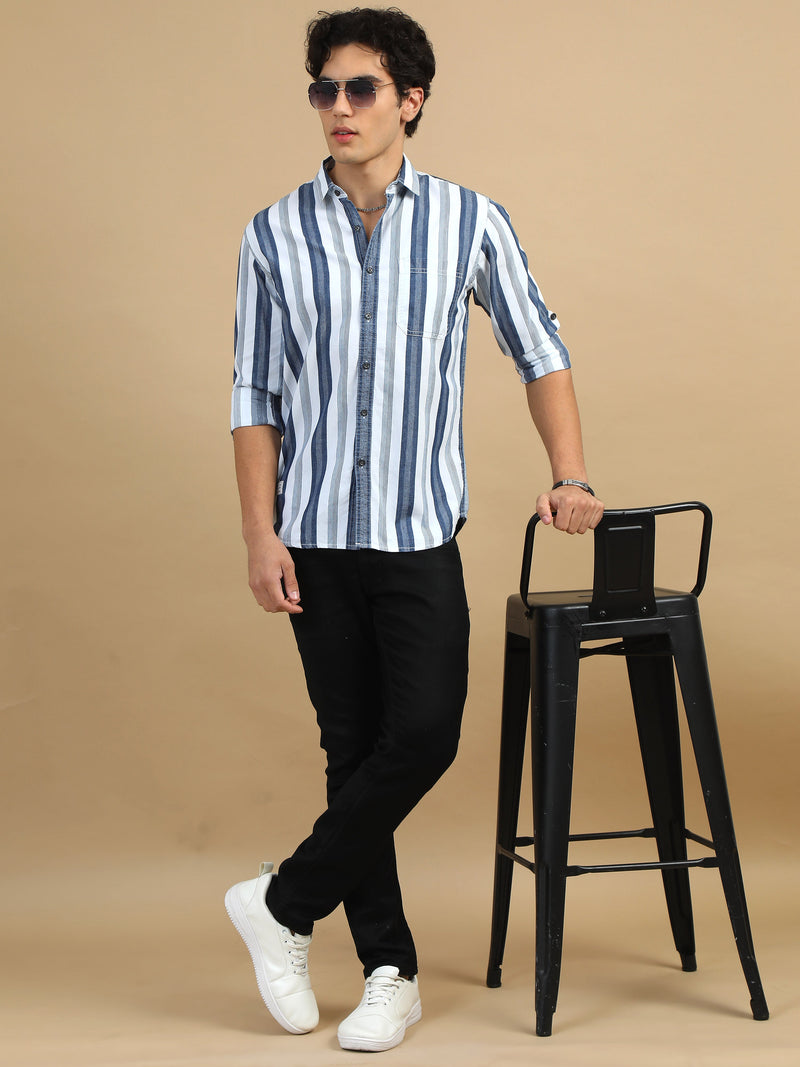 Men Navy Slim Fit Stripes Full Sleeve Casual Shirt