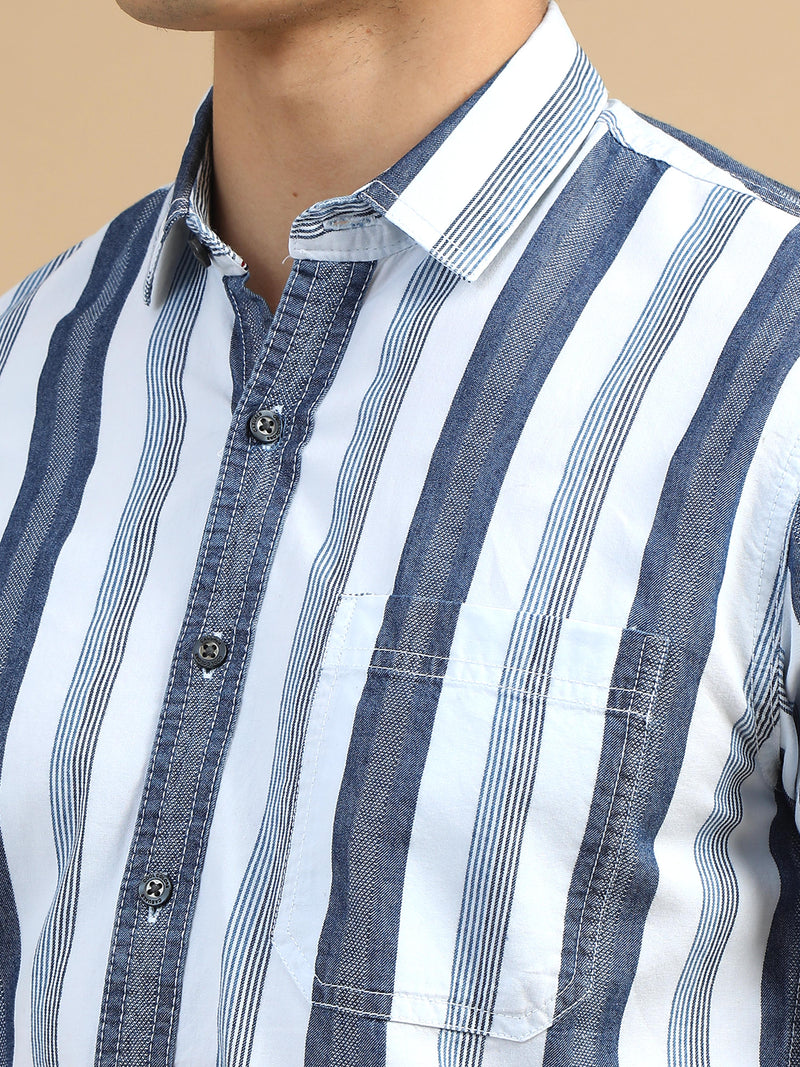 Men Navy Slim Fit Stripes Full Sleeve Casual Shirt