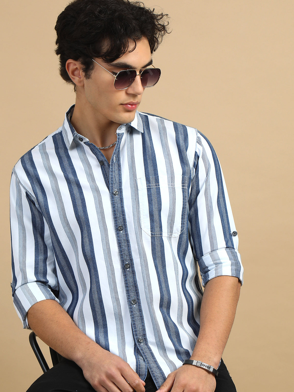 Men Navy Slim Fit Stripes Full Sleeve Casual Shirt